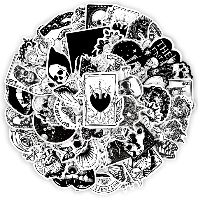 Ychsring Black and White Goth Stickers - 50 Pcs Waterproof Vinyl - skull sticker