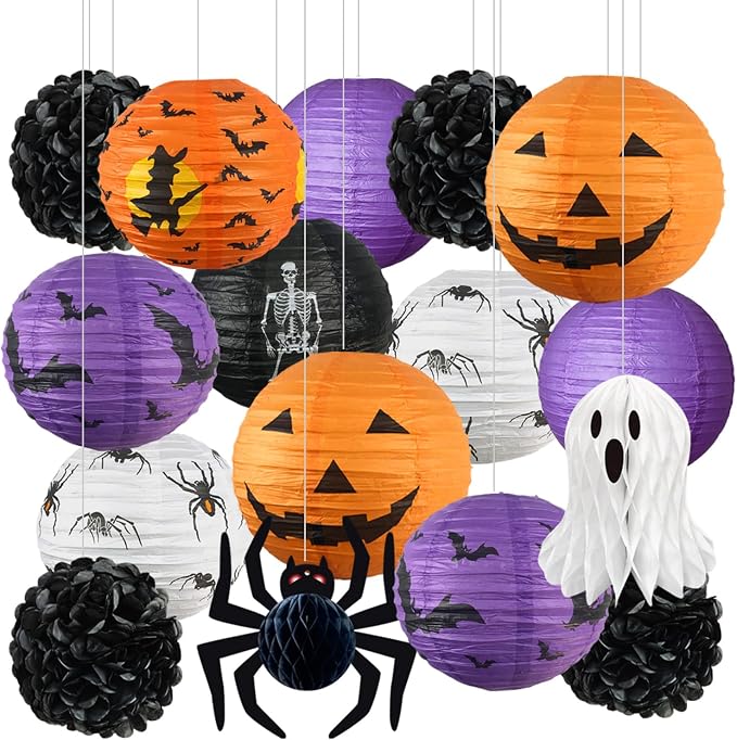 16 Pack Halloween Paper Lanterns Set, Skeleton Halloween Decor
