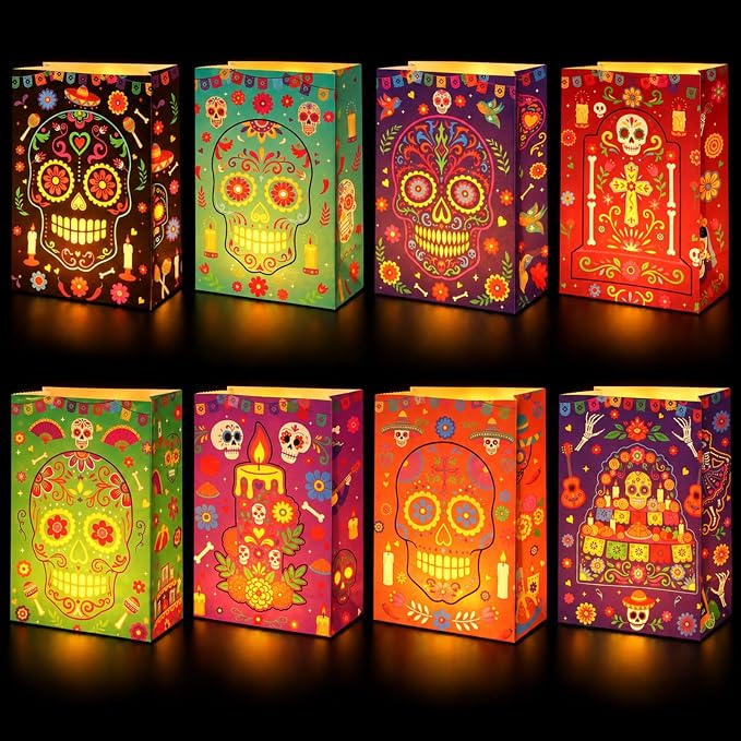 Gersoniel 48 Pcs Day of The Dead Luminary Bags Dia De Los Muertos Decor - skull candle