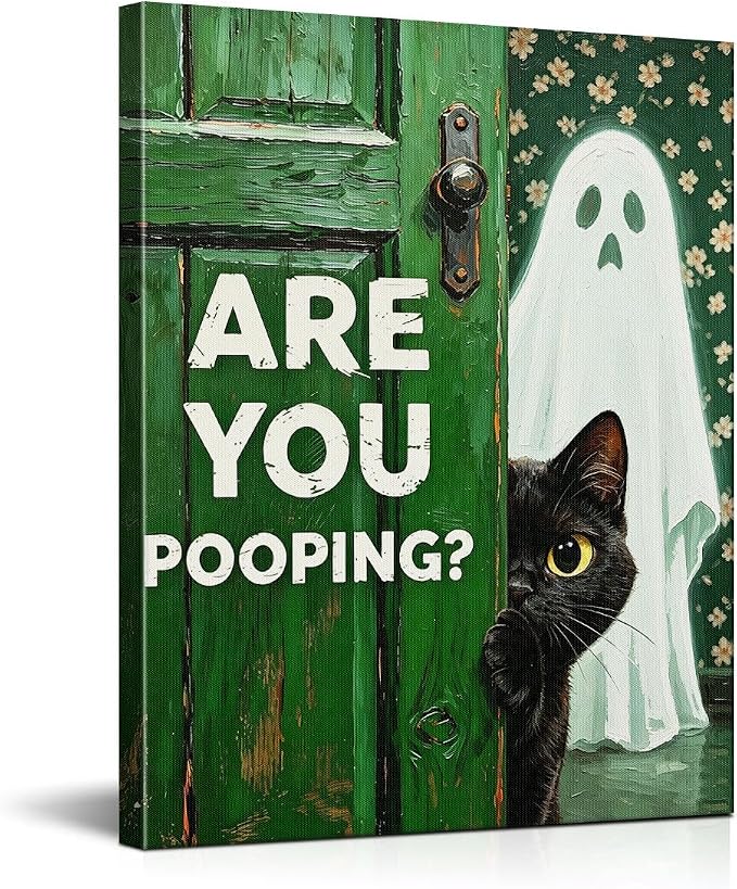 BIQRP Funny Cat Ghost Canvas Wall Art Cute Halloween Bathroom Decor Sign - skull toilet paper