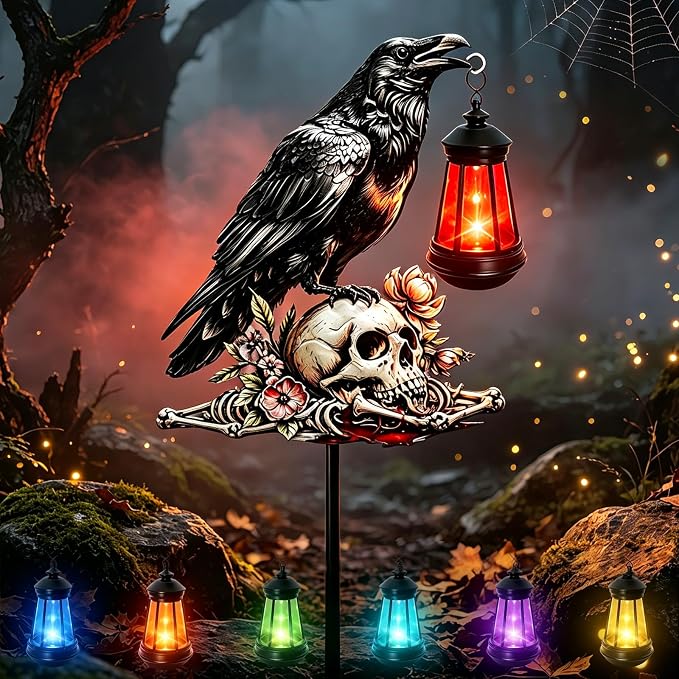 Halloween Decorations Outdoor, Crow Skull with Color Changing Solar Lantern