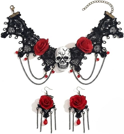 Gothic Jewelry Set for Women Red Flower Skeleton Skull Black Lace Choker Necklace Earrings Costume Goth Vampire Collar Earring Punk Halloween Spooky Cosplay Jewelry - skeleton