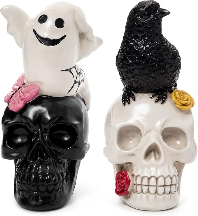 Roowest 2 Pcs Dia De Los Muertos Crow and Ghost Sugar Skull Halloween Decor - skull figurine