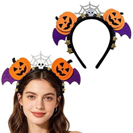 Halloween Pumpkin Headband, Felt Hair Hoop with Skull Spider Web Bat Wings and Golden Star, Halloween Costume Head Bopper for Women Girls, Trick or Treat Party Hair Accessories - skull headband