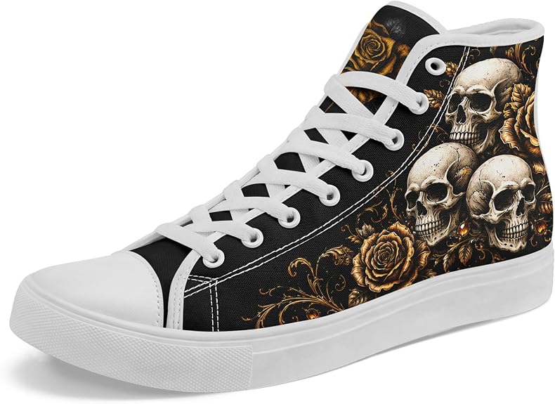 Gothic Skull Rose High Top Sneakers for Men Women, Punk Canvas Shoes - sugar skull boots