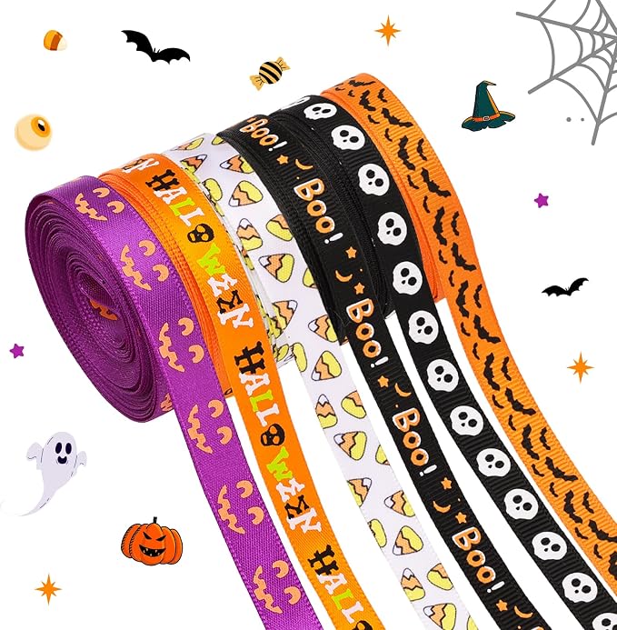 6 Rolls Halloween Ribbons for Crafts, 30 Yards 3/8” Grosgrain Ribbon Set - skull wreath