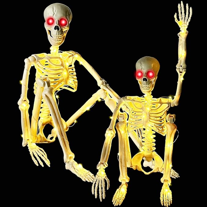 Halloween Decorations Skeleton with Light, 2 Pack 36" Skeleton Halloween Indoor/Outdoor Decor, Hanging Realistic Movable Posable Joints Skeleton Graveyard Decorations - skeleton