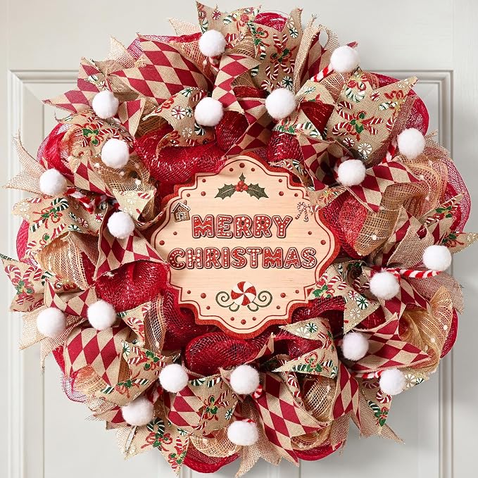 Christmas Wreath for Front Door, Mesh Wreath with Red Gold Ribbon - skull wreath