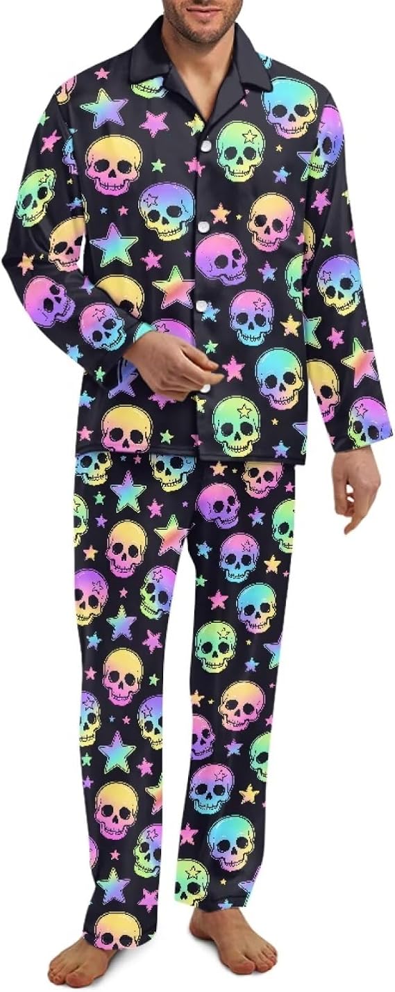Pajamas Sets for Men Big and Tall Long Sleeve Button Down Sleepwear 2 Pcs Mens Loungwear,Size XS-4XL - skull pajamas