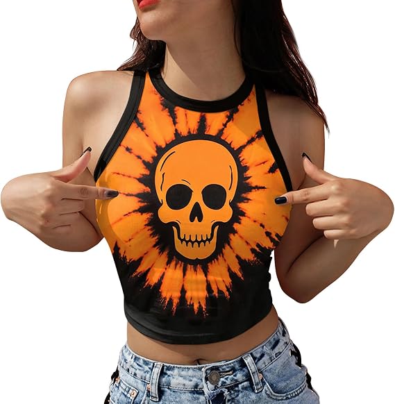 color cosplayer Women's Halloween Crop Top Sleeveless Tank Tops Pumpkin Witch Ghost Horror Cami Shirts - skull tank tops