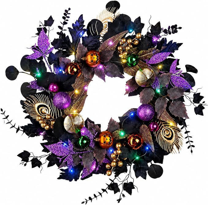 22-Inch Black and Purple Halloween Wreath for Front Door with Light String - skull wreath