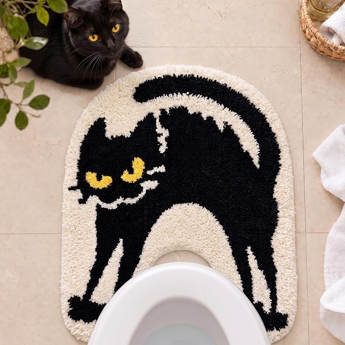 Black Cat Bath Mat, U Shaped Toilet Rug, Washable, 24 x 20 in