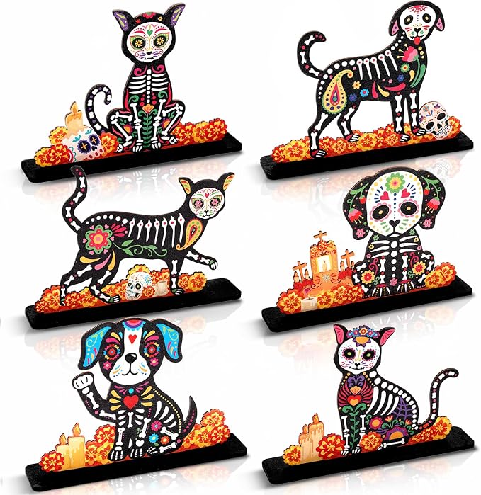 Dia De Los Muertos Altar Decor Wooden Dog Cat Figurine Table Centerpiece - skull candle