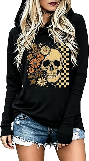LANMERTREE Girls Will Be Girls Halloween Hoodie Women Vintage Witch Graphic Halloween Long Sleeve Shirts Pullover Tops - skull hoodie