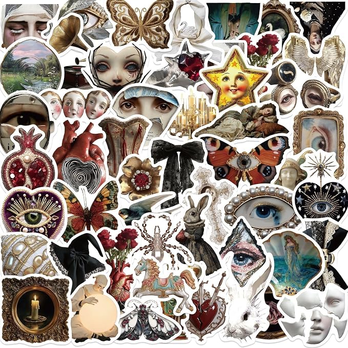 50Pcs European Grotesque Stickers, Vintage Surreal Gothic Art Stickers, Antique European Aesthetic Decals with Eyes, Butterflies, Angels, Portraits and Oddities for Laptop, Journal, Scrapbook. - skull sticker