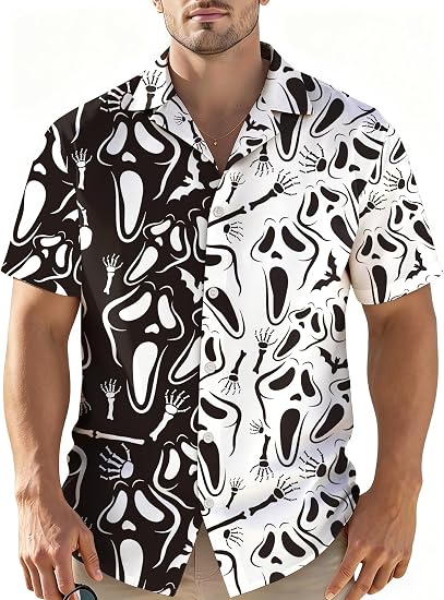 LAZYCHILD Halloween Shirts for Men Spooky Halloween Button Down T-Shirt - skull tshirt