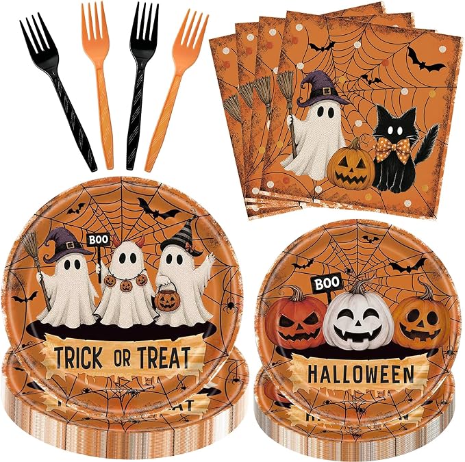 Ansee 96PCS Halloween Paper Plates and Napkins Set, Serves 24- Trick or Treat Disposable Dinnerware Set, Plates, Napkins, Orange & Black Plastic Forks, Halloween Party Supplies - skull plate