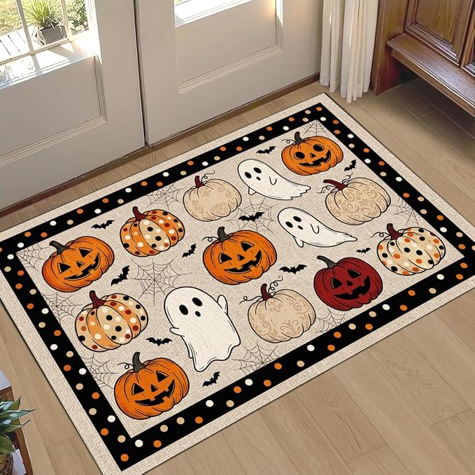 2×3 Halloween Door Mat, Welcome Outdoor Rug, Orange Bath Mats, Spooky Ghost Pumpkin Doormat, Halloween Holiday Party Home Decor