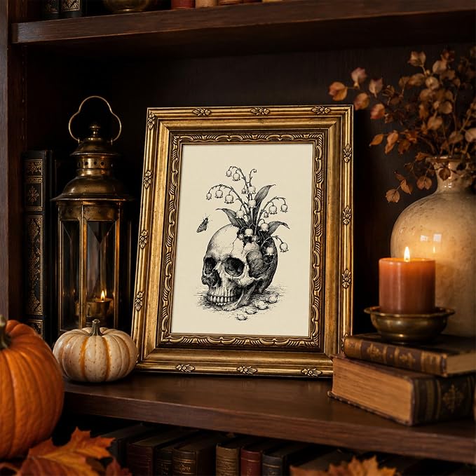 Gothic Skull Wall Art, Vintage Floral Skull Decor, Ornate Gold Framed 9×11