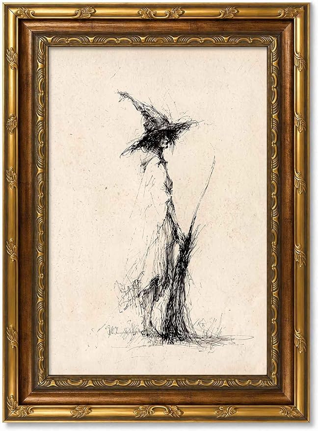 Vintage Witch Canvas Wall Art, Gold Framed Gothic Sketch Print