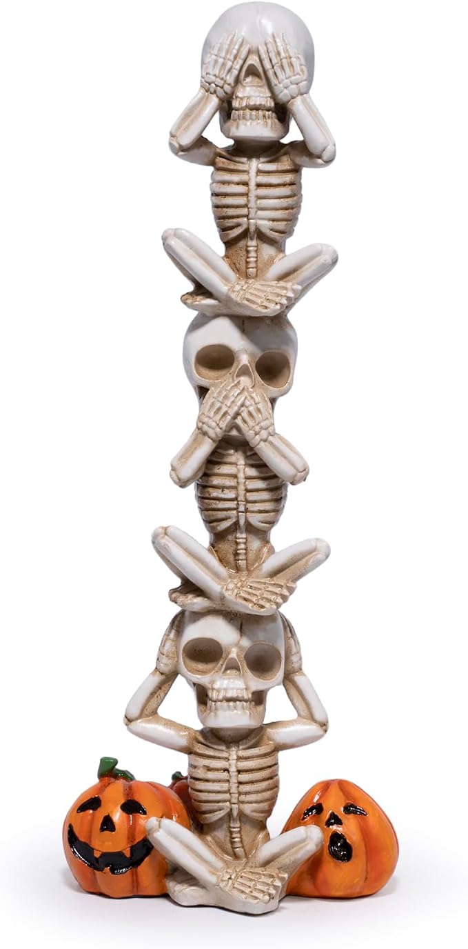 Hodao Halloween Decor Skeleton Figurine, Three-Tier Pumpkin Design-White - skeleton