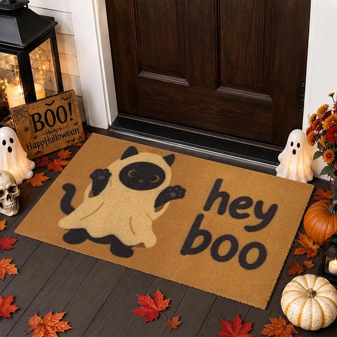 Halloween Door Mat, Hey Boo Ghost Black Cat Halloween Rug 17×28 Inch
