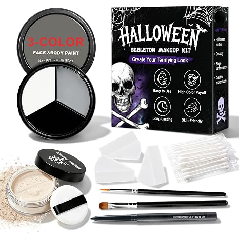 Halloween Skeleton Makeup Kit, White Black Grey Face Body Paint - skull painting
