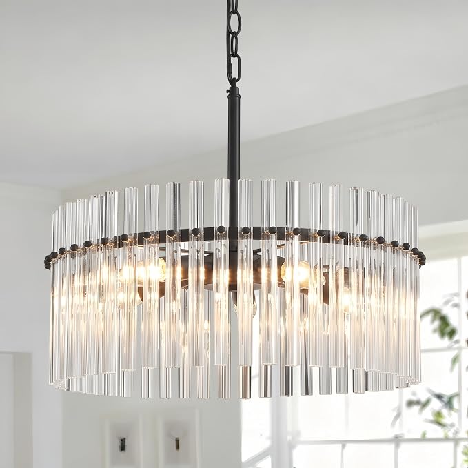 Shrine Lighting Drum Chandeliers, Modern Design, Perfect Pendant Light Fixture for Living Space, D18” x H17”, Adjustable Chains 59″, E12*5 Sockets, Clear Glass Lampshade & Black Finish Frame