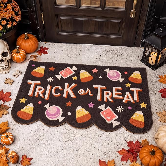 Halloween Trick or Treat Welcome Coir Doormat, Black