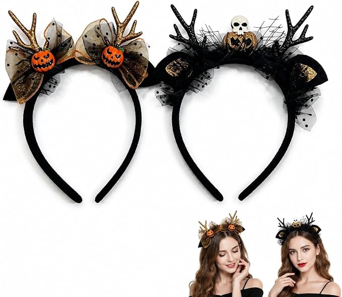 2 Pcs Spooky Cute Halloween Headbands, Pumpkin Skull Headband - skull headband