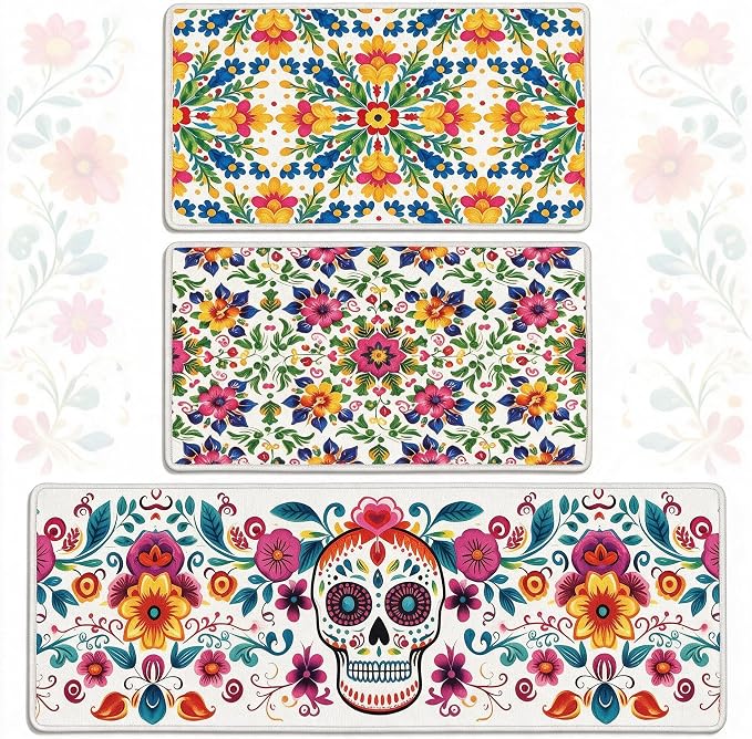 3 Pcs Day of Dead Kitchen Rugs, Sugar Skull Talavera Non Slip Floor Mats - skull toilet mat