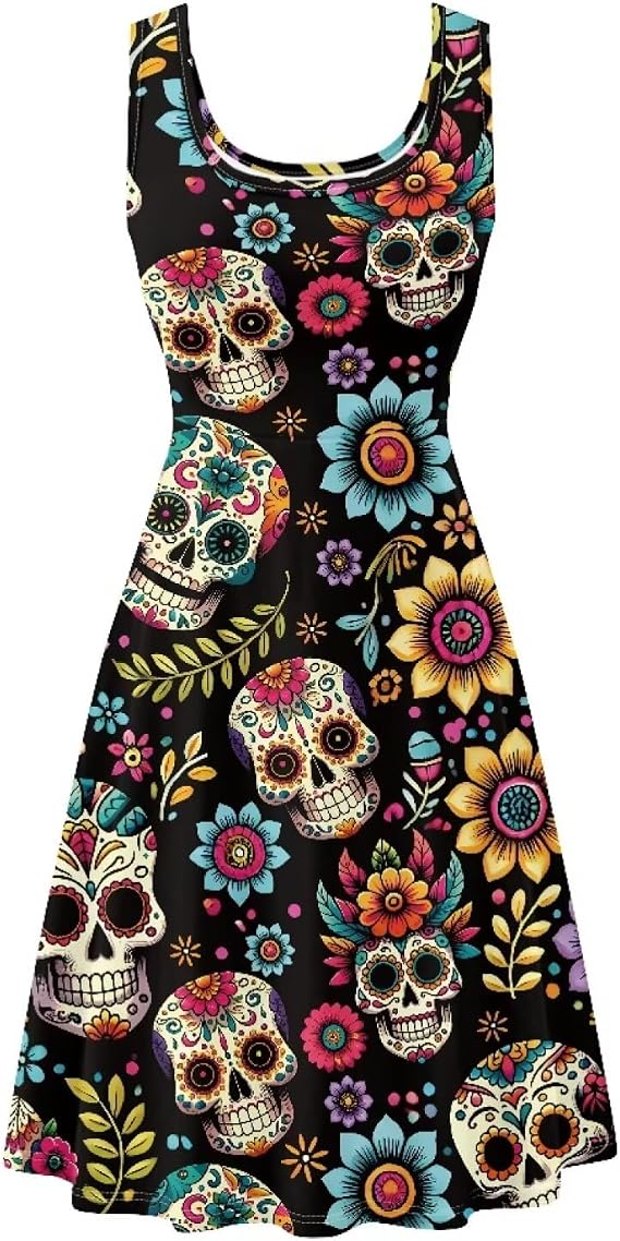Sleeveless Tank Dress for Women Plus Size Scoop Neck Dress with Pockets A-Line Midi Dresses for Holiday Travel - skull jacket