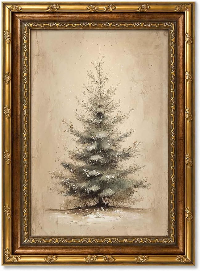 Gold Framed Vintage Pine Tree Canvas Wall Art, Winter Forest Print, - skull wall art