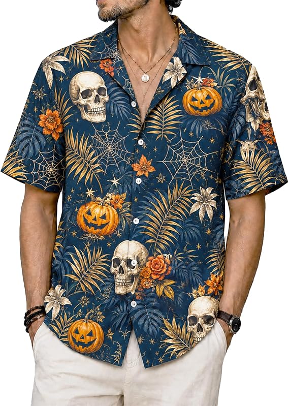 Mens Hawaiian Shirt Funny Holidays Button Down Short Sleeve Shirts - skull tshirt