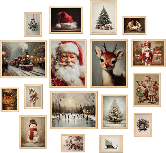 17Pcs Vintage Christmas Prints Wall Decor Multi Winter Wall Art Unframed - skull painting