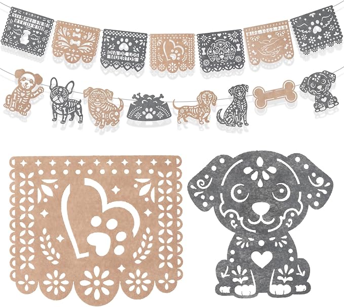 HOWAF 15pcs Dia De Los Muertos Dog Papel Picado Banner, Day of the Dead Sugar Skull Dog Themed Hanging Garland for Mexican Party Day of the Dead Ofrenda Altar Decoration Supplies - skull carpet