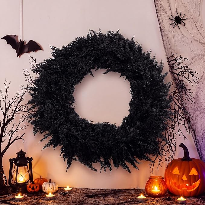Suncalla Black Halloween Wreath, 20'' Gothic Vine Boughs Front Door Decor - skull wreath