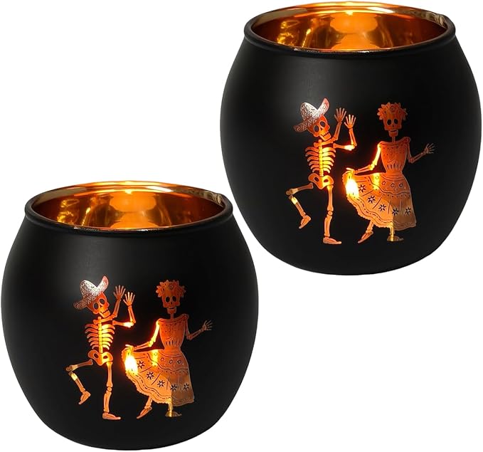 Skeleton Tealight Candle Holder - Black Day of The Dead Halloween Decor - skull candle