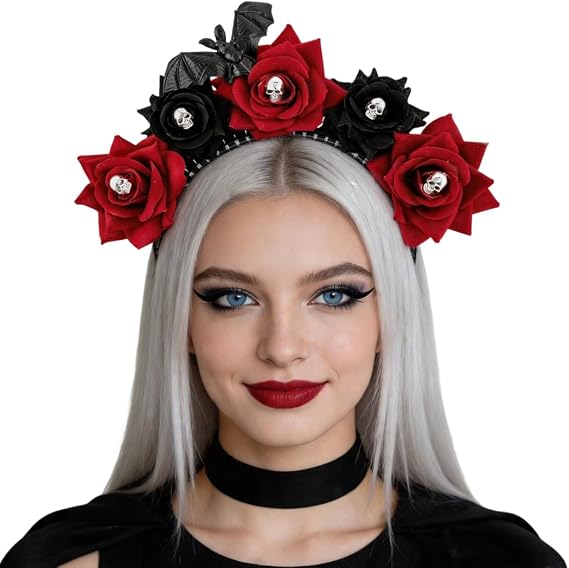 Halloween Gothic Halo Crown Headband for Women Vintage Floral Headpiece Rose Hair Accessories for Party Cosplay - skull headband