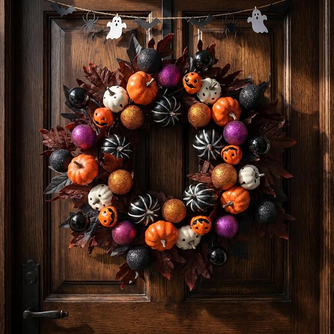 Halloween Ball Wreath for Front Door, 24" Pumpkin Fall Door Wreath - skull wreath