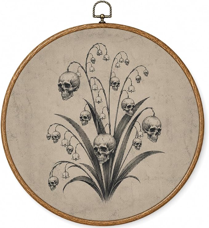 SOYGFEYAR Halloween Gothic Skull Floral Round Framed Wall Art 10x10in - skull wall art
