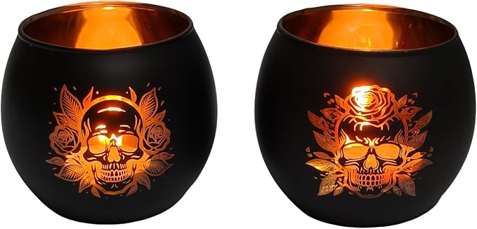 Glass Skull Head Candle Holder - 2 Pcs Black Halloween Tea Light - skull candle