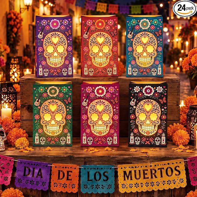 Dia de los Muertos Decorations, Day of the Dead Luminary Bags, 24 Pack - skull candle