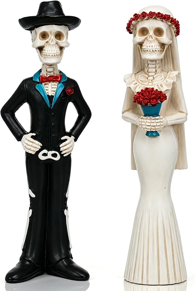 Roowest 2Pcs Day of The Dead Skeleton Bride Groom Figurines Halloween Decor - skull figurine