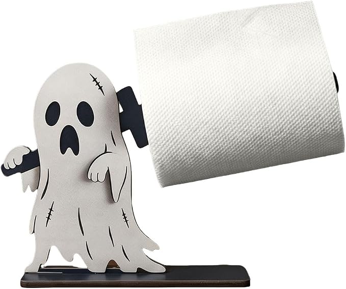 Halloween Ghost Toilet Paper Holder, Wooden Spooky Ghost Tissue Holder, Freestanding Bathroom Decor for Halloween Party Table Bathroom Accessories