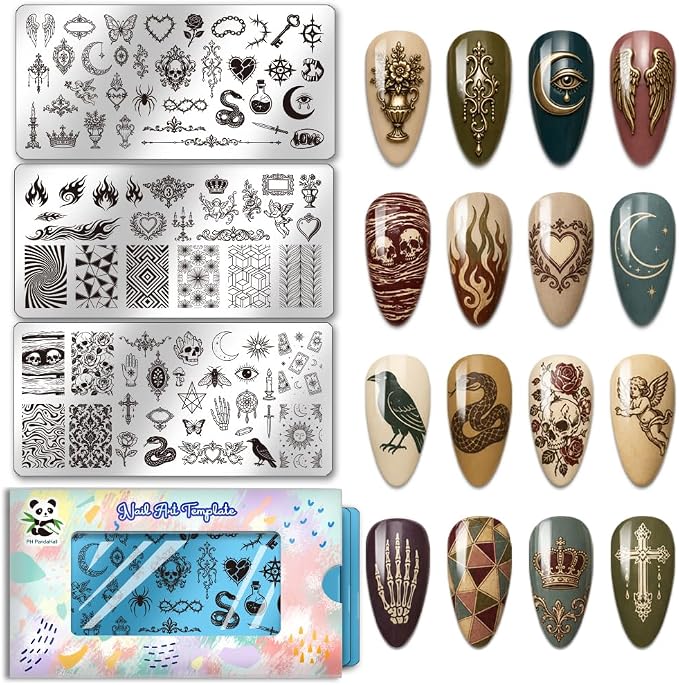 PH PandaHall 3pcs Gothic Skull Nail Stamping Plates Retro Rose Butterfly Nail Art Templates Tarot Card Manicure Art Stencils Thorns Flame Nail Image Plates for Halloween Manicures Salon DIY Printing - skull plate