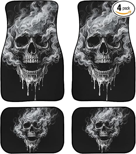 Black Skull Print Non Slip Car Floor Mats Full Set of 4