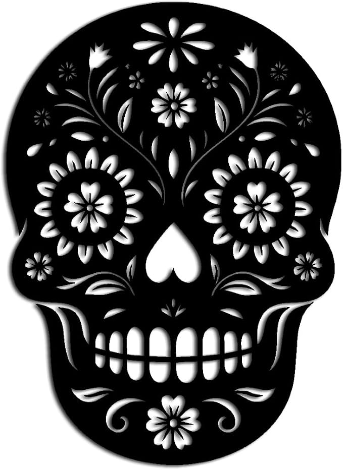 Floral Sugar Skull Metal Wall Art Metal Wall Art Decor Outdoor Decor Metal Signs Boho Gothic Style Stunning Exquisite Wall Decor Perfect for Living Room and Office Wall (Black,16inch) - skull wall art