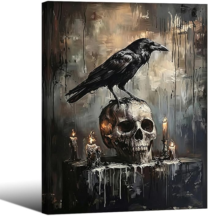 Gothic Crow Skull Wall Art Halloween Dark Academia Posters Goth Witchy Raven Perched on Skull Canvas Wall Decor Spooky Horror Wrapped Framed 08×10 inch
