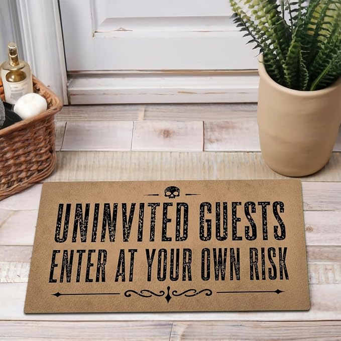 MELODADDY Funny Welcome Doormat Front Porch Decor Rugs with Rubber Back 30"(L) x 18"(W) Monogram Mats for Front Door Patio (Uninvited Guests Enter At Your Own Risk Gothic Warning Skull) - skull door mat